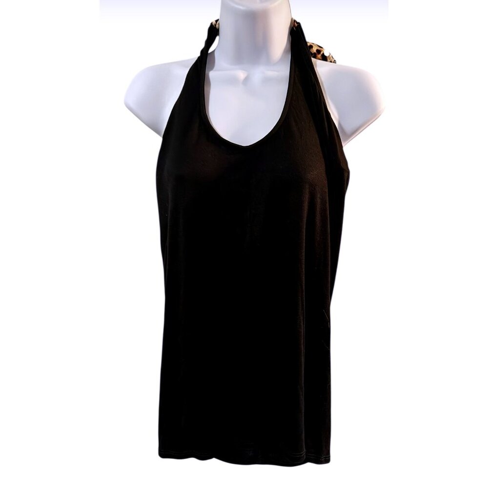 Bibi Women's Black Halter Top with Leopard Print Trim Womens Size M